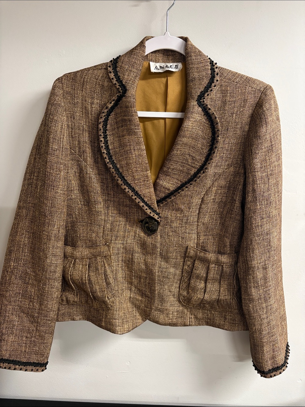 Vintage Anage Brown Tweed Single-Button Blazer with Black Trim